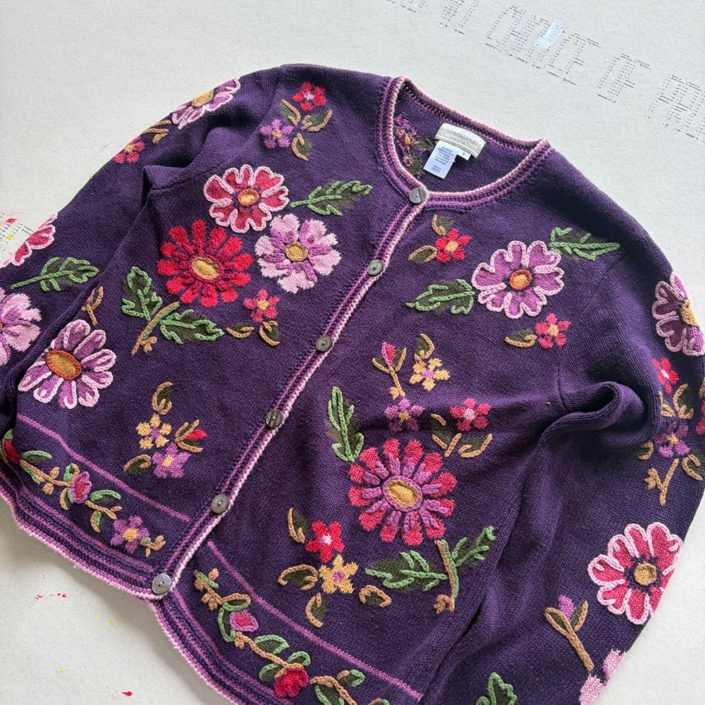 Vintage 90s Coldwater Creek Floral Embroidered Purple Cardigan Sweater